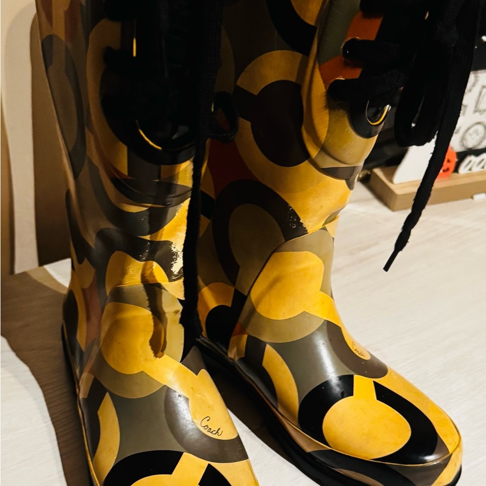 Yellow and Black Patterned Rain Boots